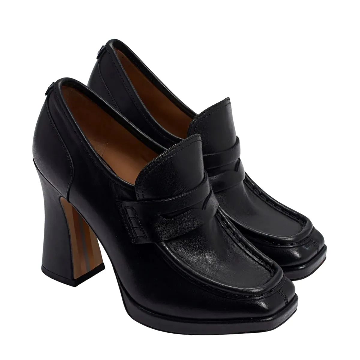 Sam Edelman Jeanette Black Box Leather Squared Toe Slip On High Platform Loafers