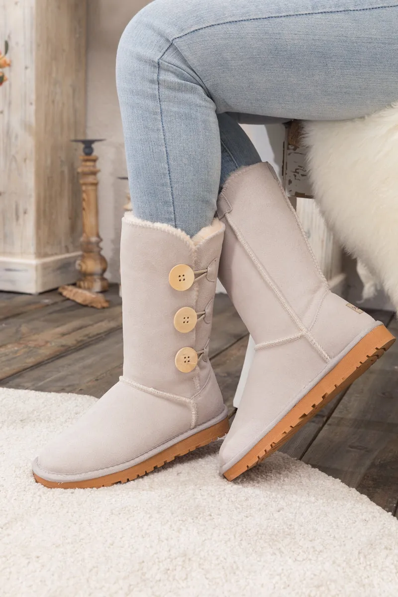 SMAIBULUN Ugg | Side Button Faux Fur-Lined Leather Suede Boots - cream