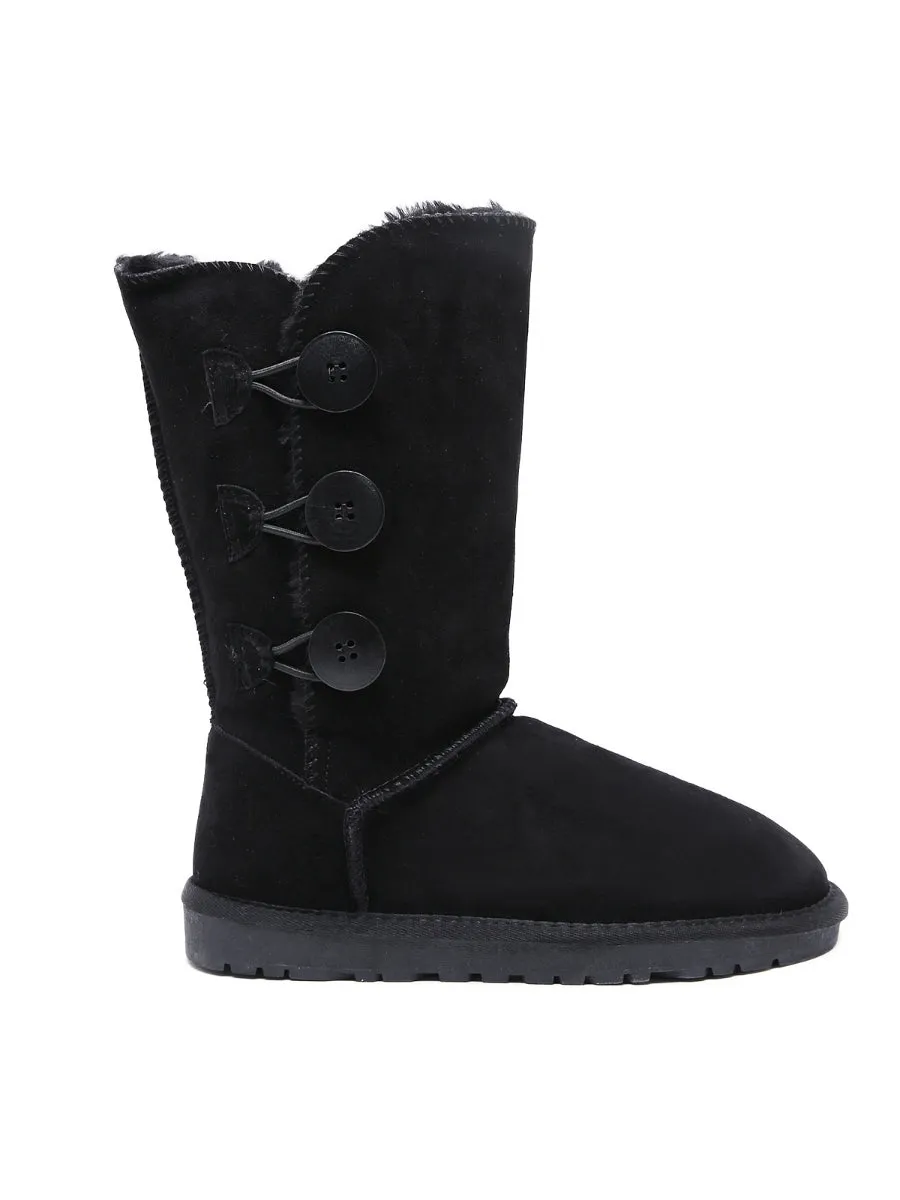 SMAIBULUN Ugg | Side Button Faux Fur-Lined Leather Suede Boots - cream