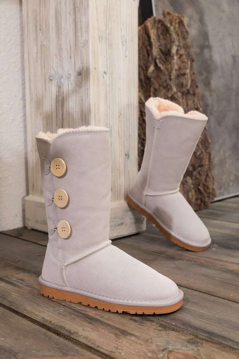 SMAIBULUN Ugg | Side Button Faux Fur-Lined Leather Suede Boots - cream