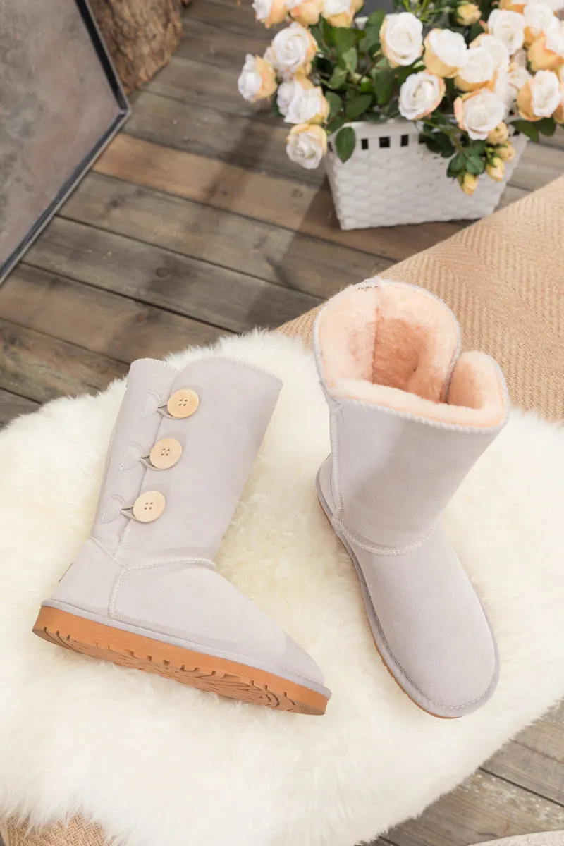 SMAIBULUN Ugg | Side Button Faux Fur-Lined Leather Suede Boots - cream