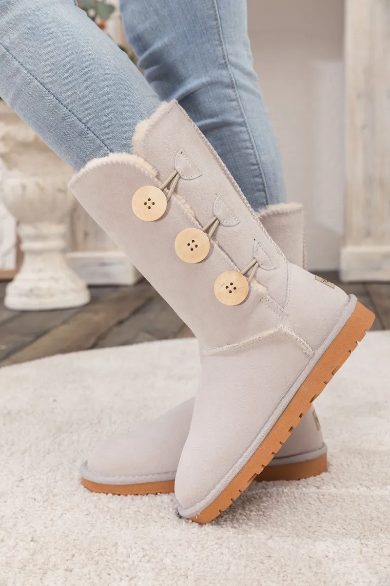 SMAIBULUN Ugg | Side Button Faux Fur-Lined Leather Suede Boots - cream