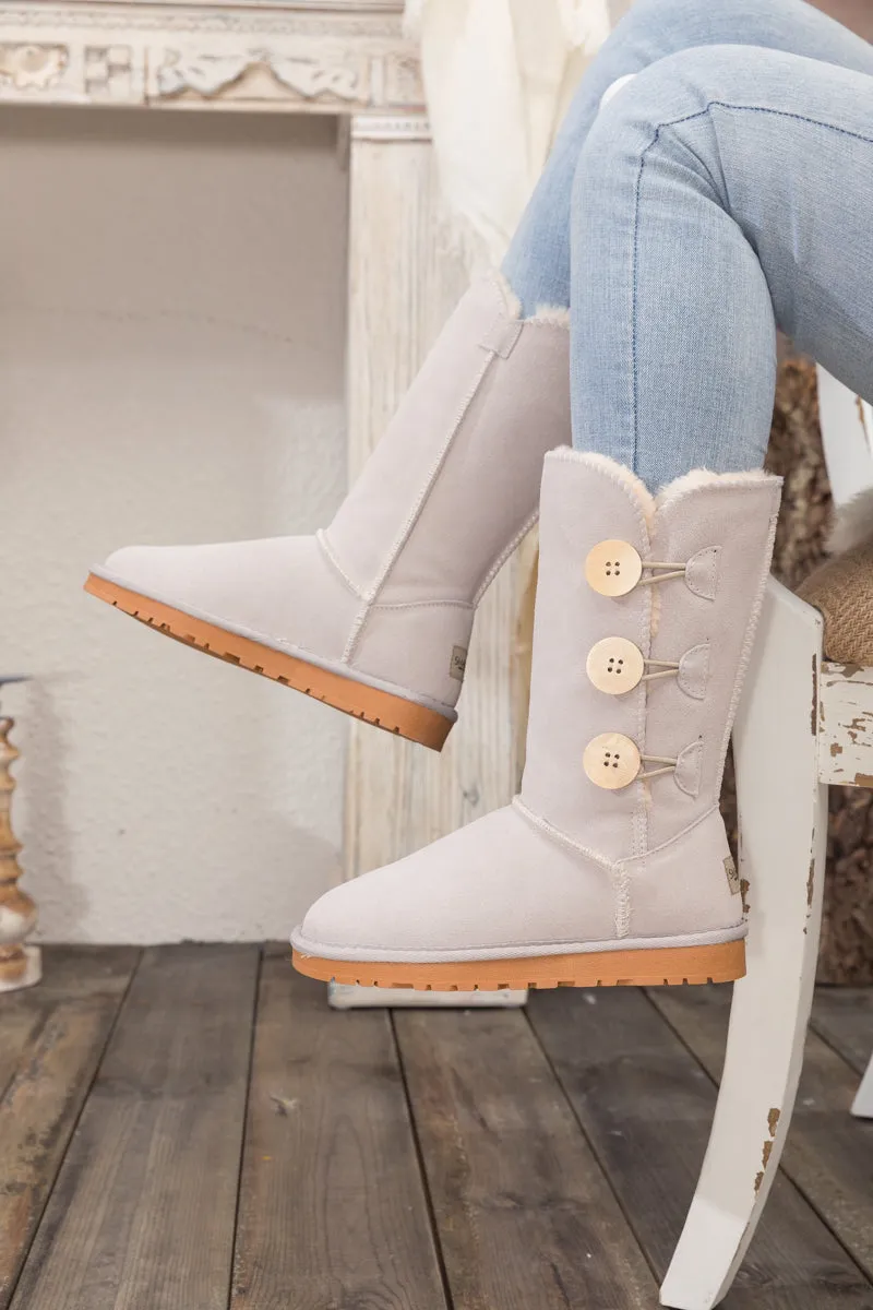 SMAIBULUN Ugg | Side Button Faux Fur-Lined Leather Suede Boots - cream
