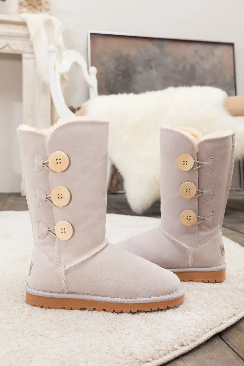 SMAIBULUN Ugg | Side Button Faux Fur-Lined Leather Suede Boots - cream