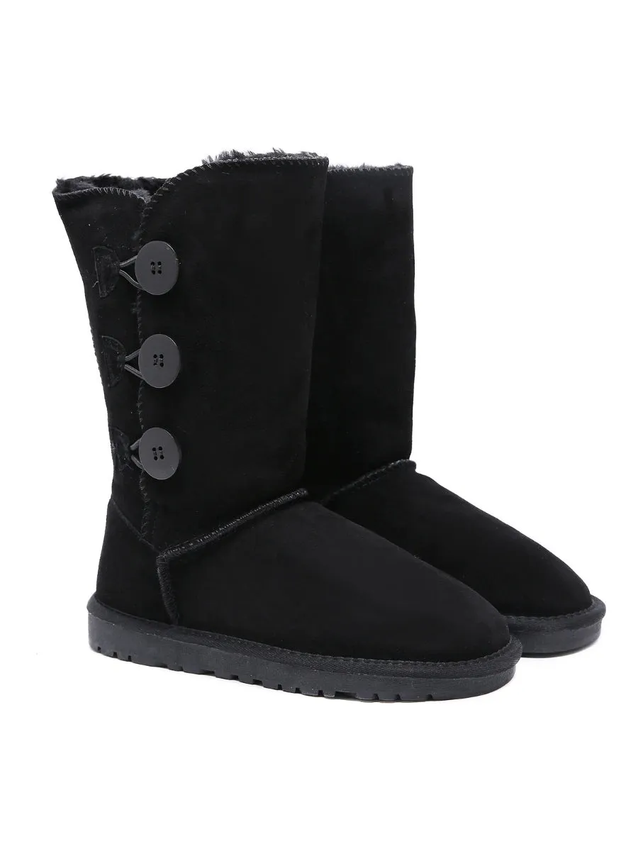 SMAIBULUN Ugg | Side Button Faux Fur-Lined Leather Suede Boots - cream