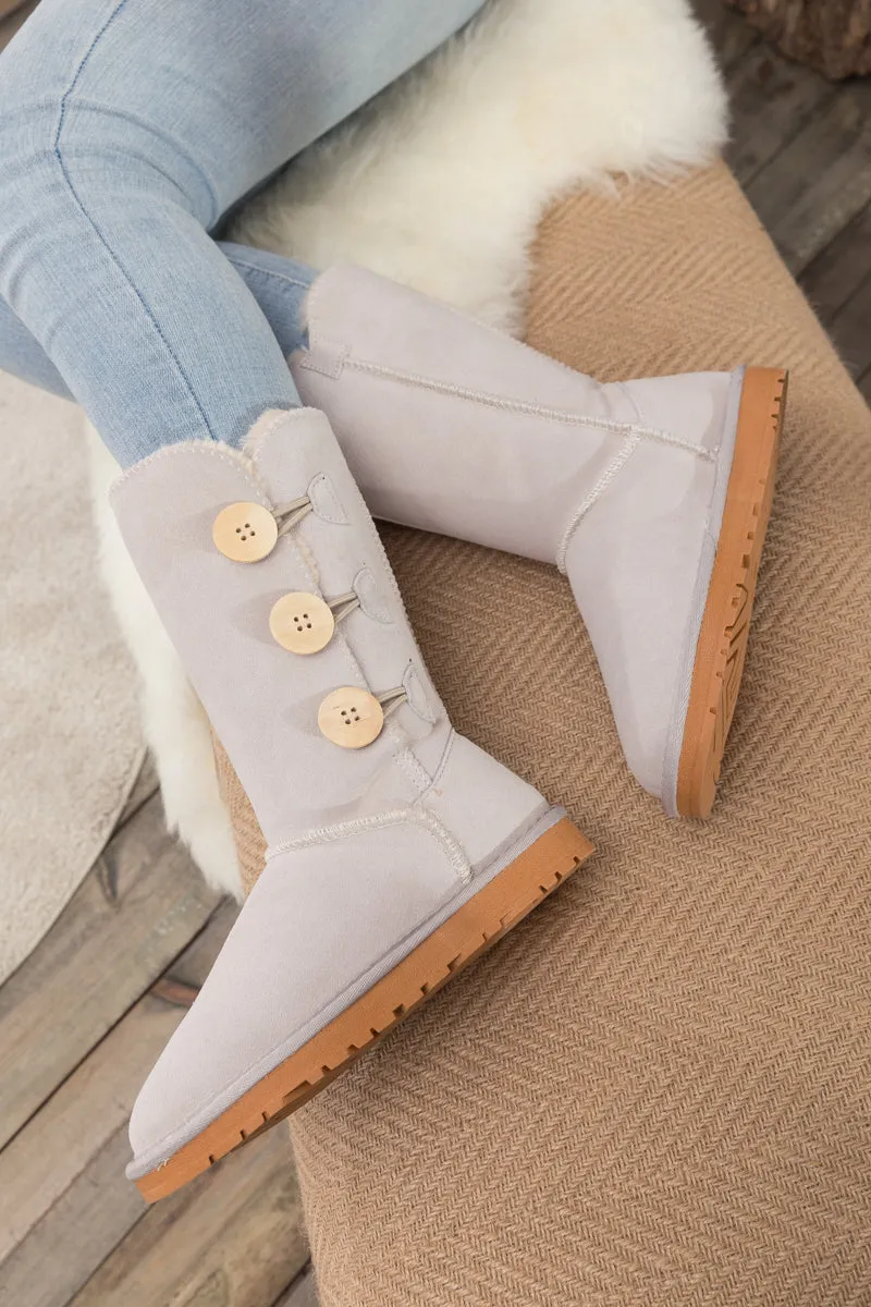 SMAIBULUN Ugg | Side Button Faux Fur-Lined Leather Suede Boots - cream