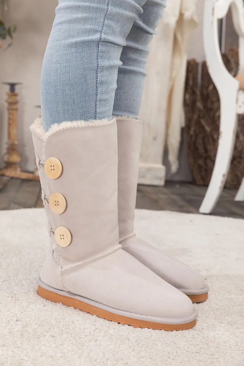 SMAIBULUN Ugg | Side Button Faux Fur-Lined Leather Suede Boots - cream