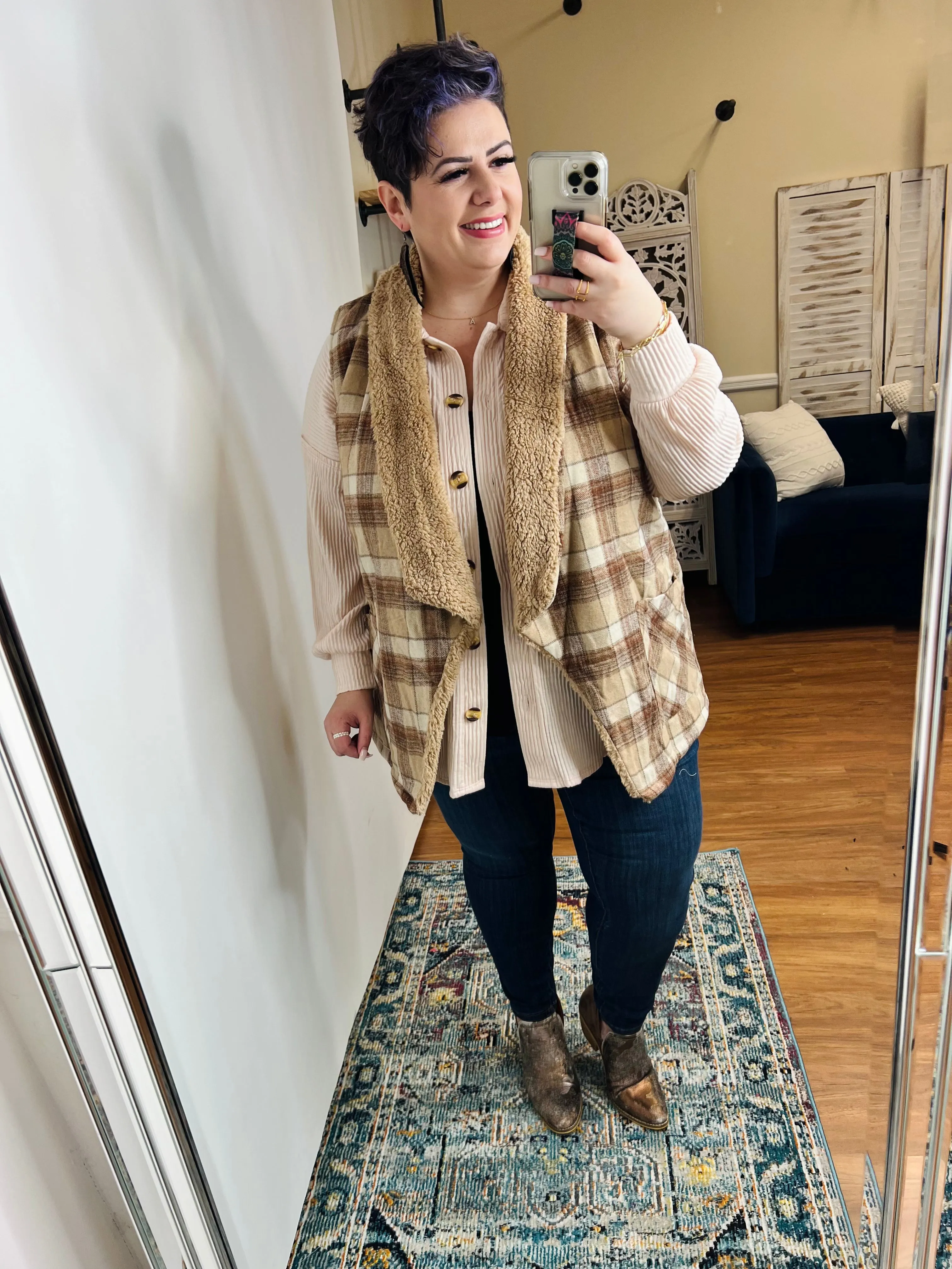 Snug And Stylish Plaid Fur Lined Wide Collar Vest