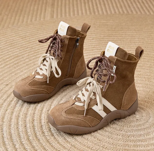 Vintage Leather Winter Boots with Cozy Fur Lining Non-Slip Sole