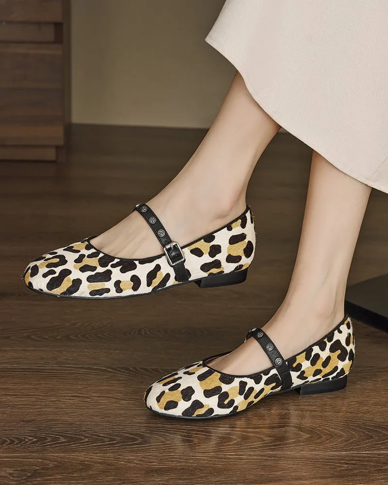 Vintage Leopard Print Mary Jane Ballerina Ballet Flats with Straps