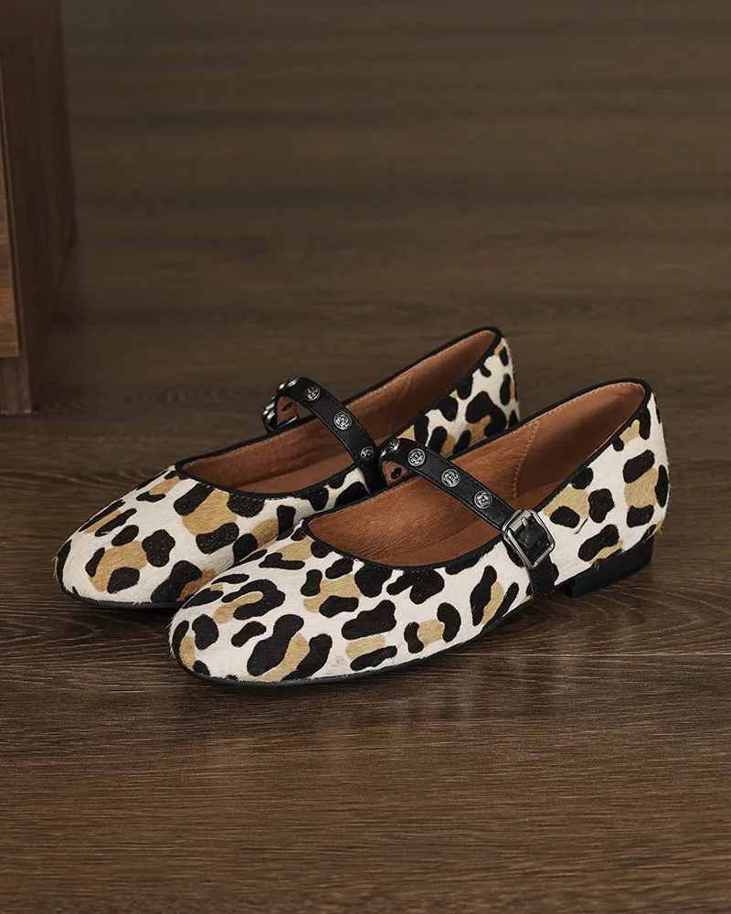 Vintage Leopard Print Mary Jane Ballerina Ballet Flats with Straps
