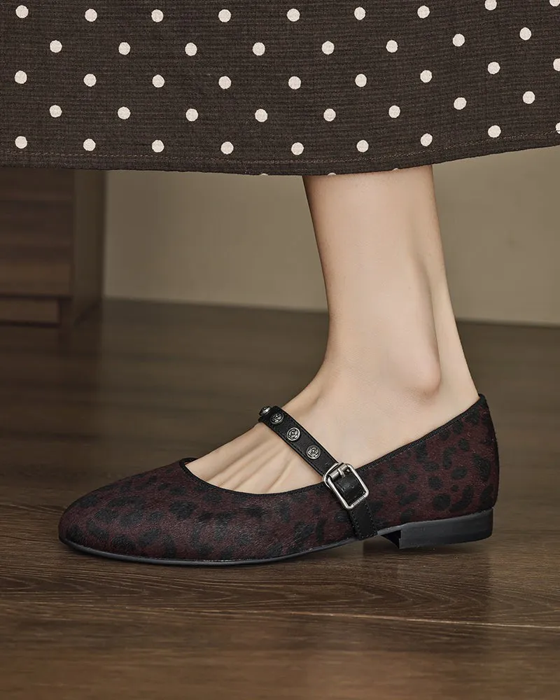 Vintage Leopard Print Mary Jane Ballerina Ballet Flats with Straps