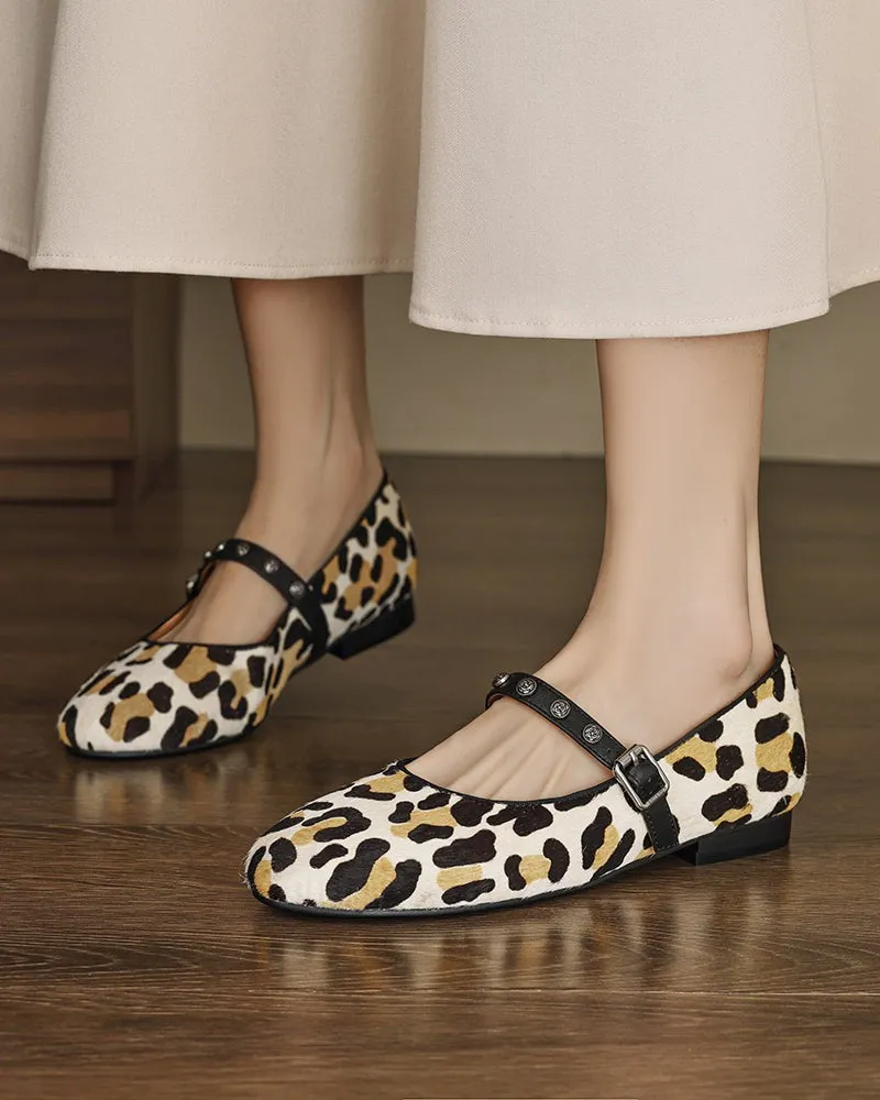 Vintage Leopard Print Mary Jane Ballerina Ballet Flats with Straps