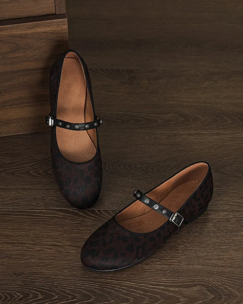 Vintage Leopard Print Mary Jane Ballerina Ballet Flats with Straps
