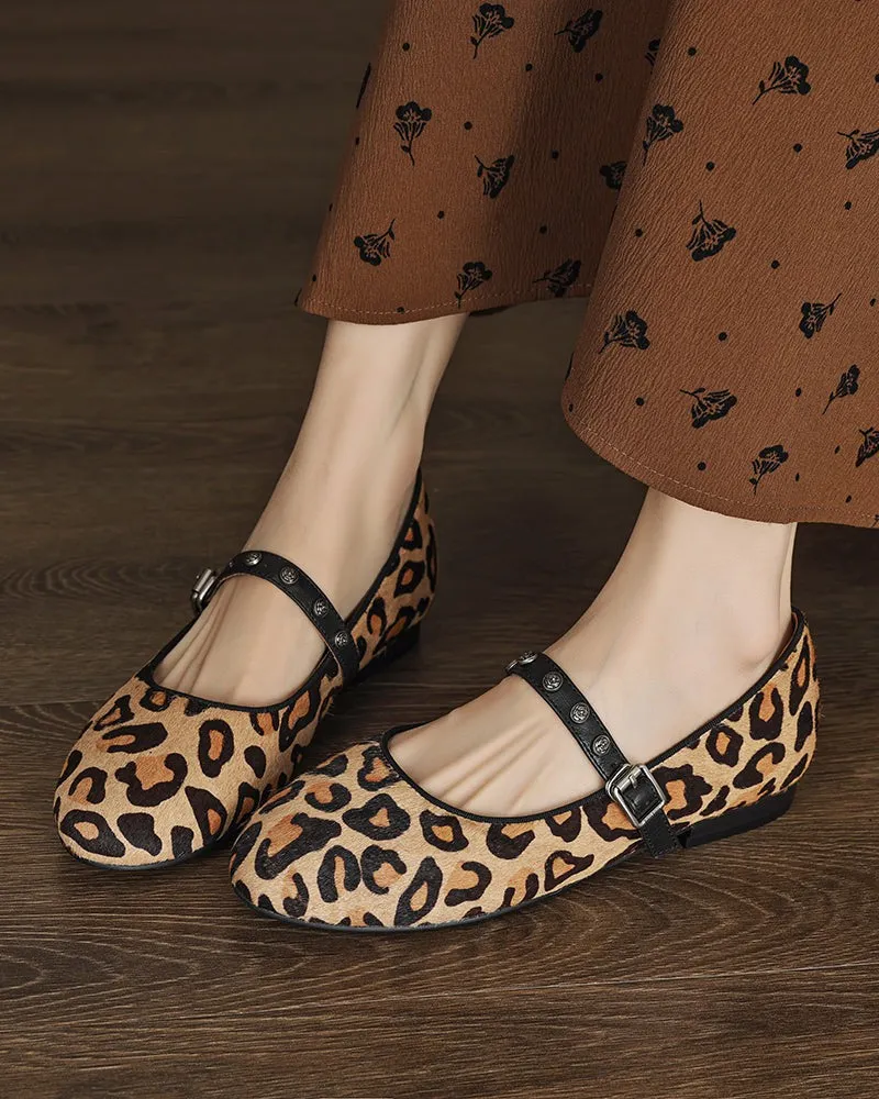 Vintage Leopard Print Mary Jane Ballerina Ballet Flats with Straps