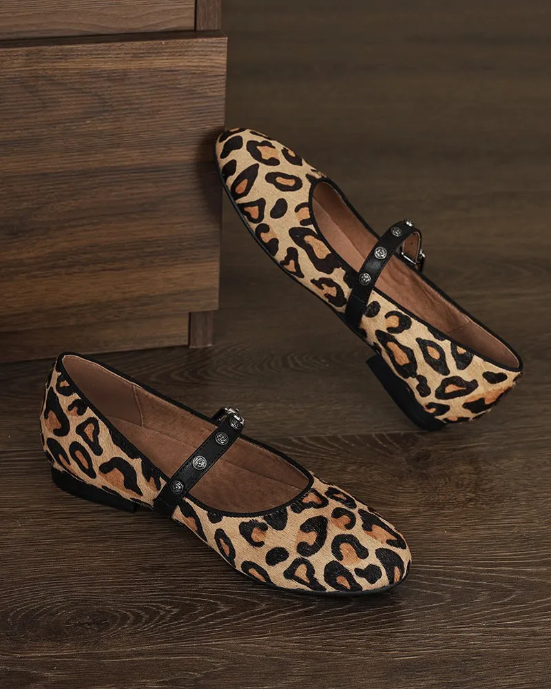 Vintage Leopard Print Mary Jane Ballerina Ballet Flats with Straps