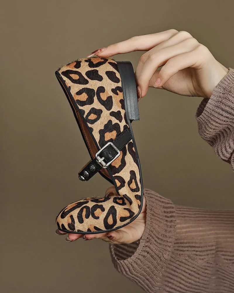 Vintage Leopard Print Mary Jane Ballerina Ballet Flats with Straps