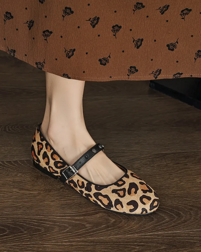 Vintage Leopard Print Mary Jane Ballerina Ballet Flats with Straps