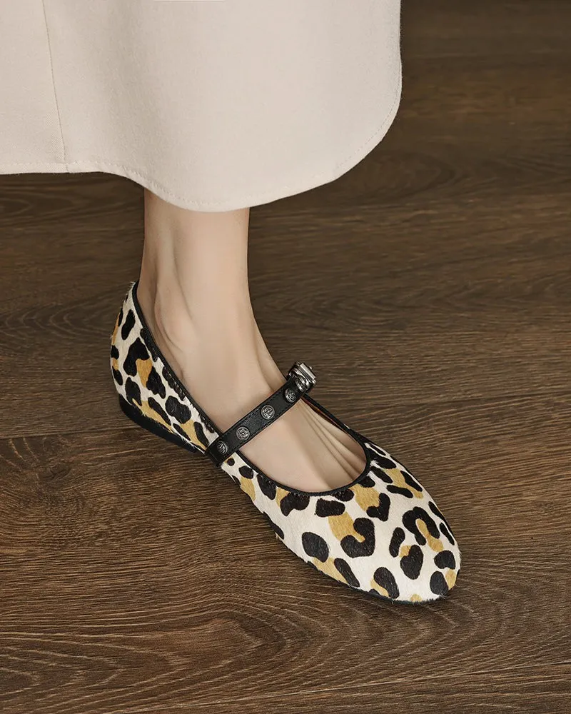 Vintage Leopard Print Mary Jane Ballerina Ballet Flats with Straps