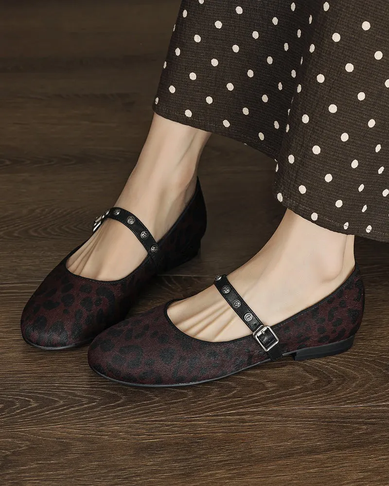Vintage Leopard Print Mary Jane Ballerina Ballet Flats with Straps