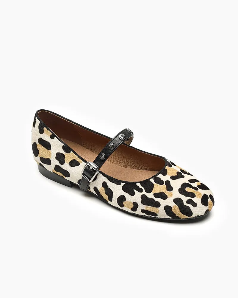 Vintage Leopard Print Mary Jane Ballerina Ballet Flats with Straps