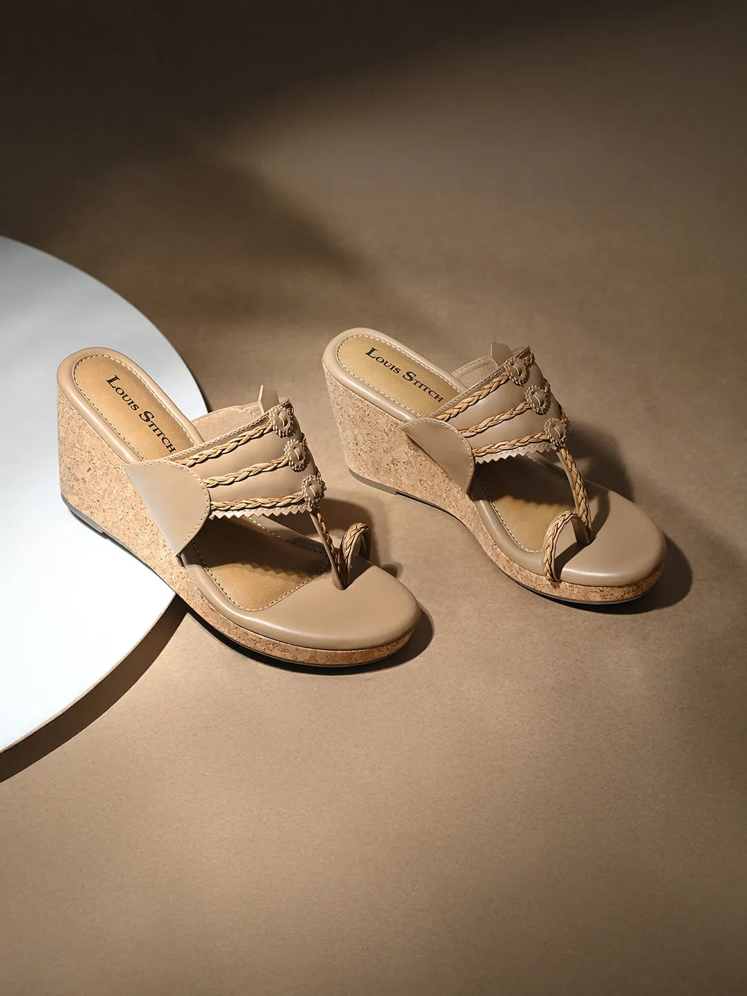 Women's Beige Toe Ring Wedge Heel Lightweight Sandals