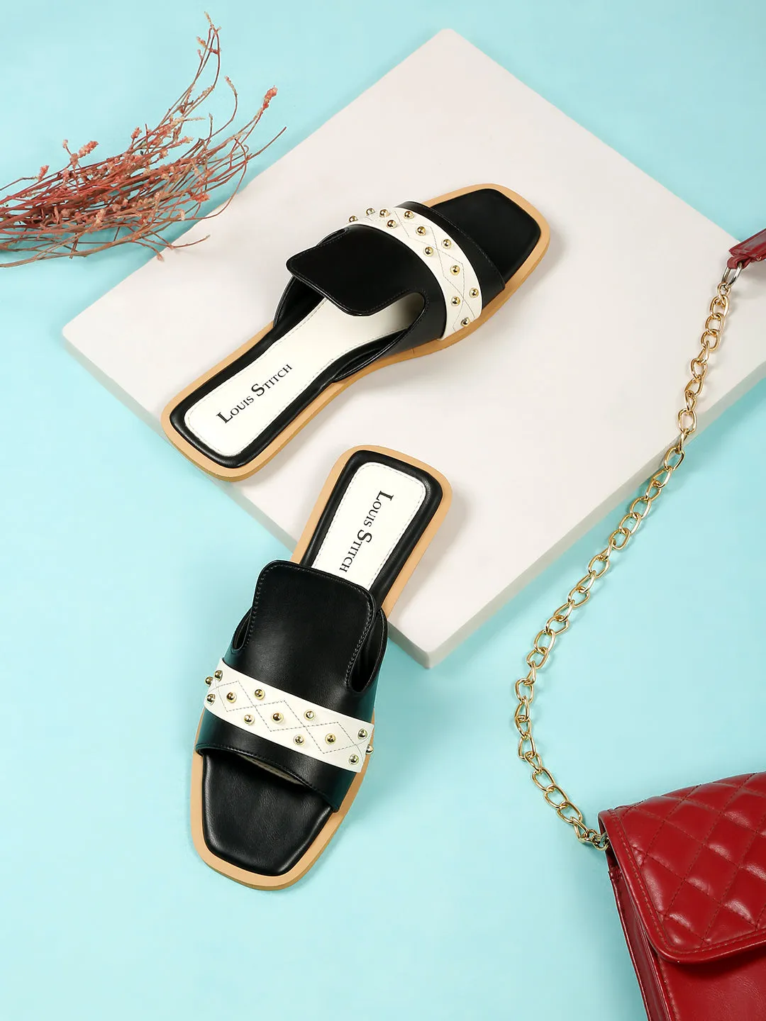 Women's Black Flat Fashion Beads Strap Lightweight Sandals