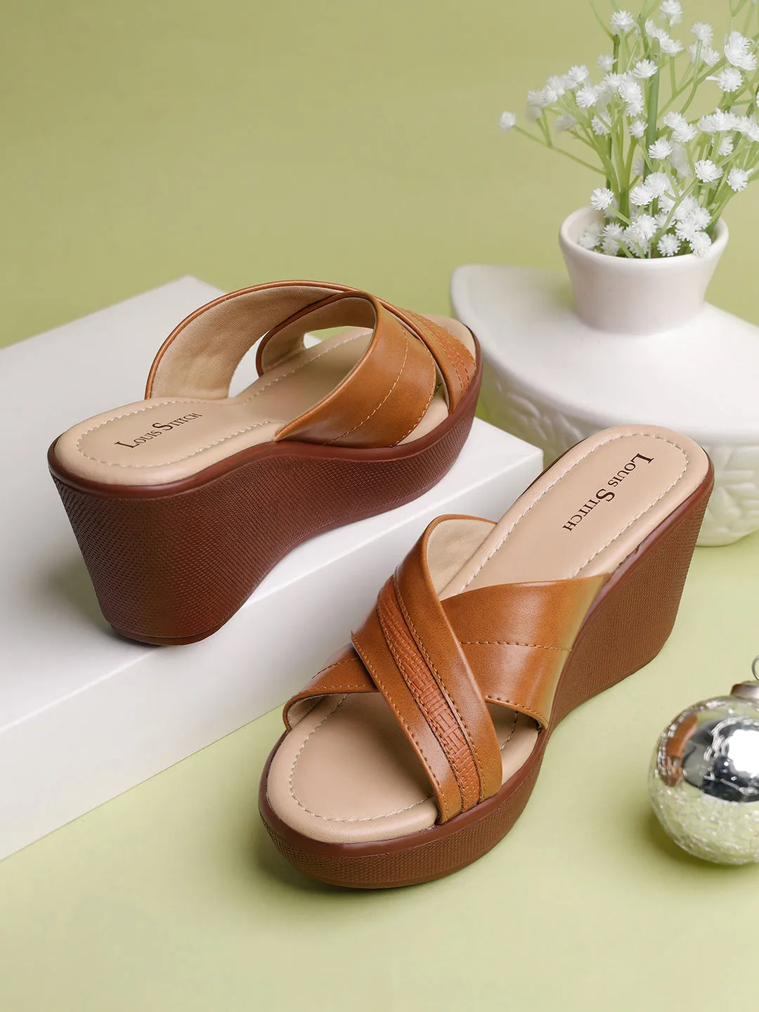 Women's Cross Textured Striped Wedge Heel Tan Lightweight Sandals