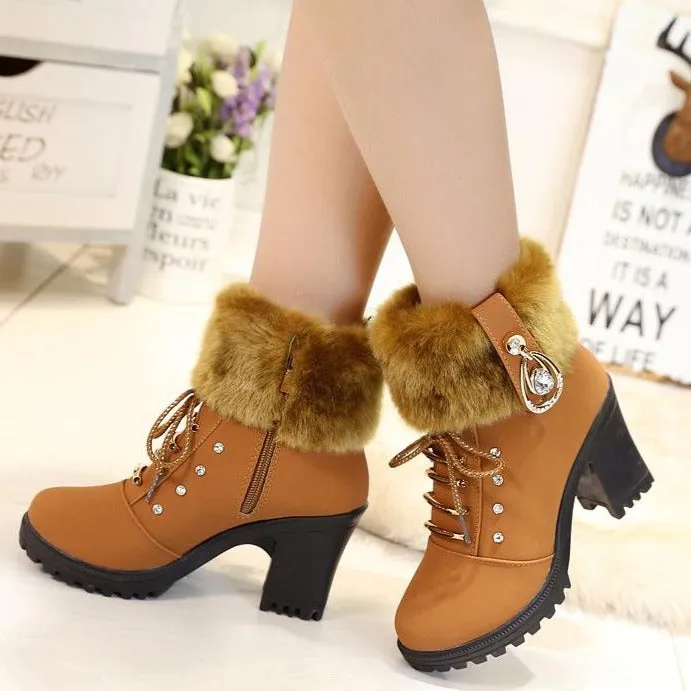 Women's fashion thick heeled fur trim anke boots zipper lace-up block heel boots