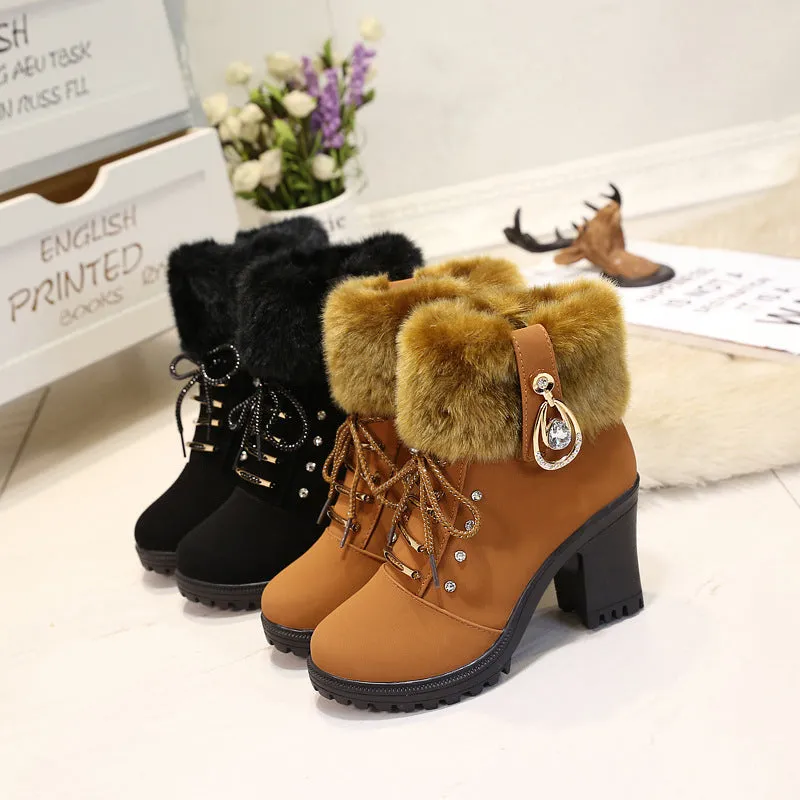 Women's fashion thick heeled fur trim anke boots zipper lace-up block heel boots