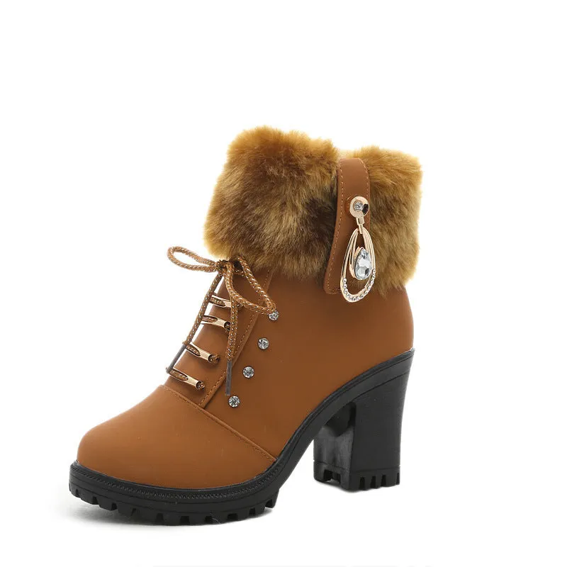Women's fashion thick heeled fur trim anke boots zipper lace-up block heel boots