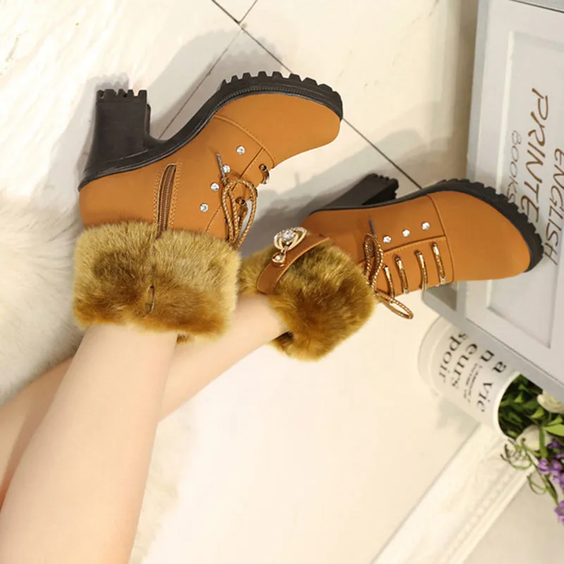Women's fashion thick heeled fur trim anke boots zipper lace-up block heel boots