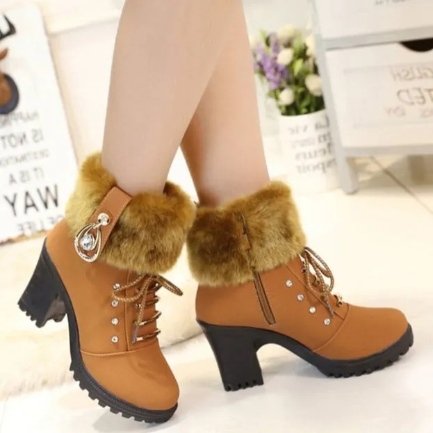 Women's fashion thick heeled fur trim anke boots zipper lace-up block heel boots
