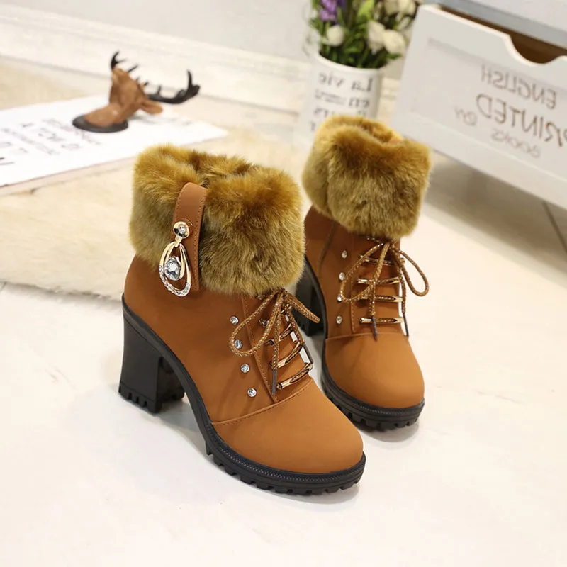 Women's fashion thick heeled fur trim anke boots zipper lace-up block heel boots