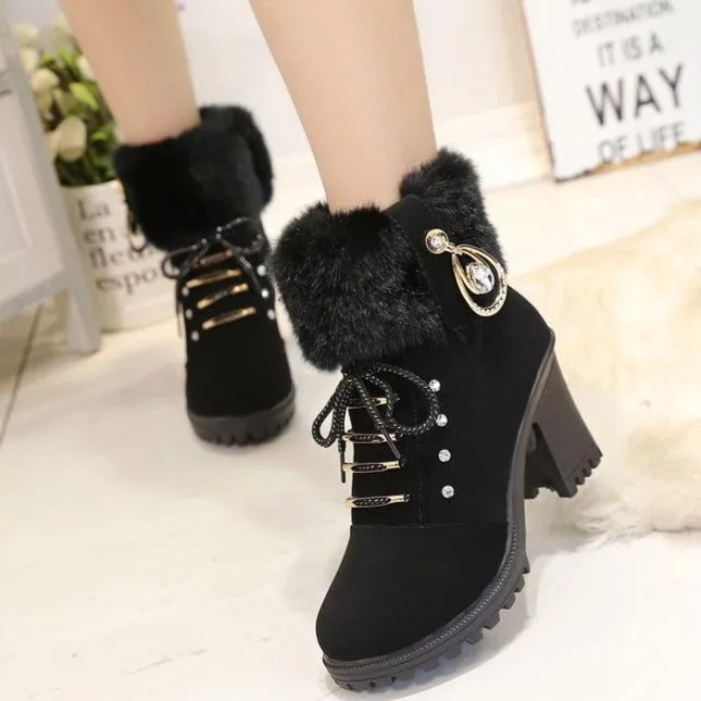 Women's fashion thick heeled fur trim anke boots zipper lace-up block heel boots