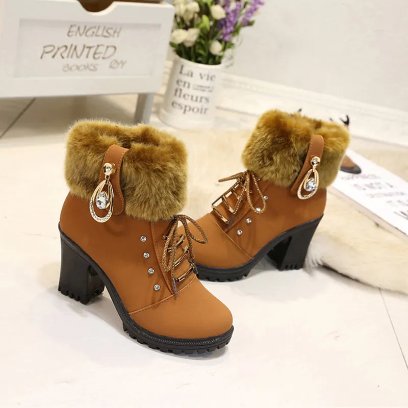 Women's fashion thick heeled fur trim anke boots zipper lace-up block heel boots