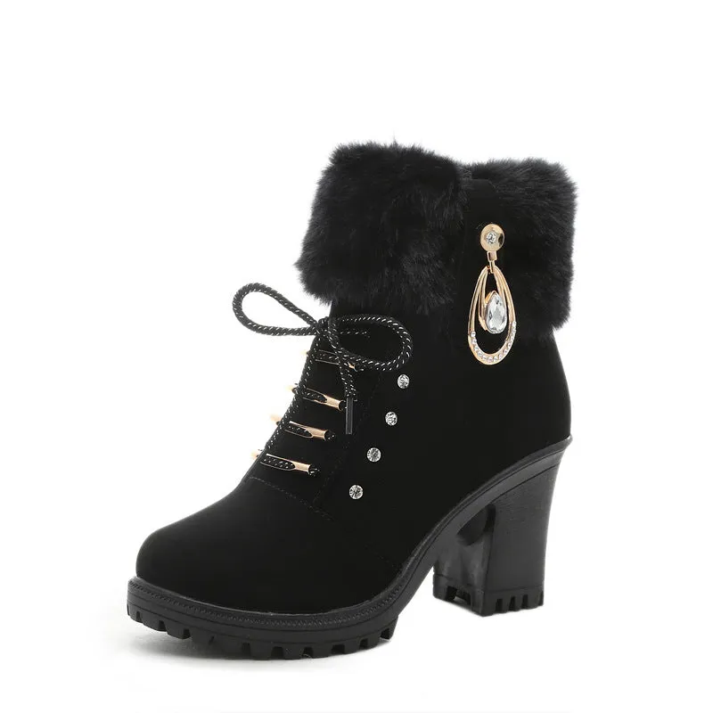 Women's fashion thick heeled fur trim anke boots zipper lace-up block heel boots