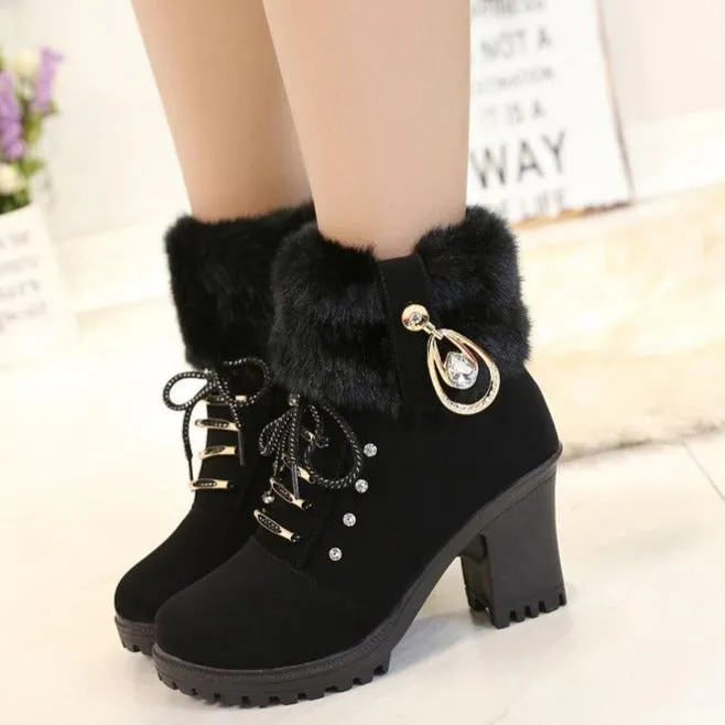 Women's fashion thick heeled fur trim anke boots zipper lace-up block heel boots