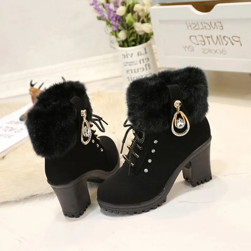 Women's fashion thick heeled fur trim anke boots zipper lace-up block heel boots