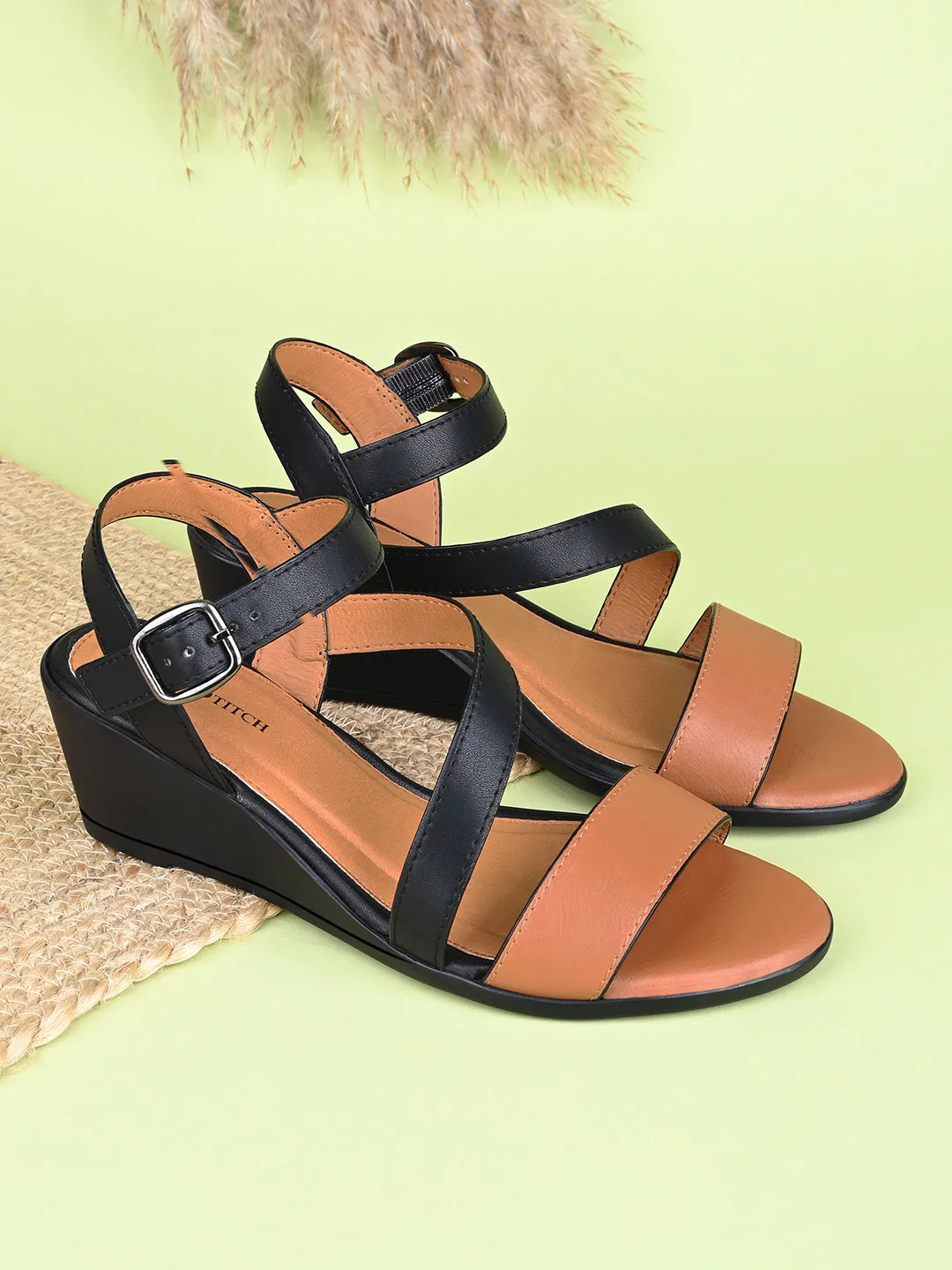 Women's Striped Wedge Heel Black and Tan Lightweight Sandals