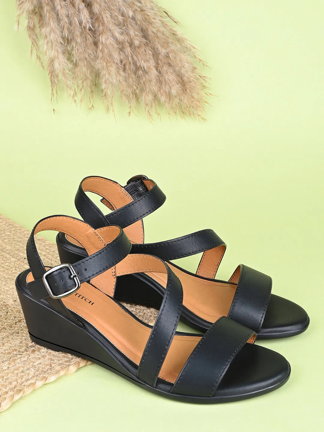 Women's Striped Wedge Heel Jet Black Lightweight Sandals