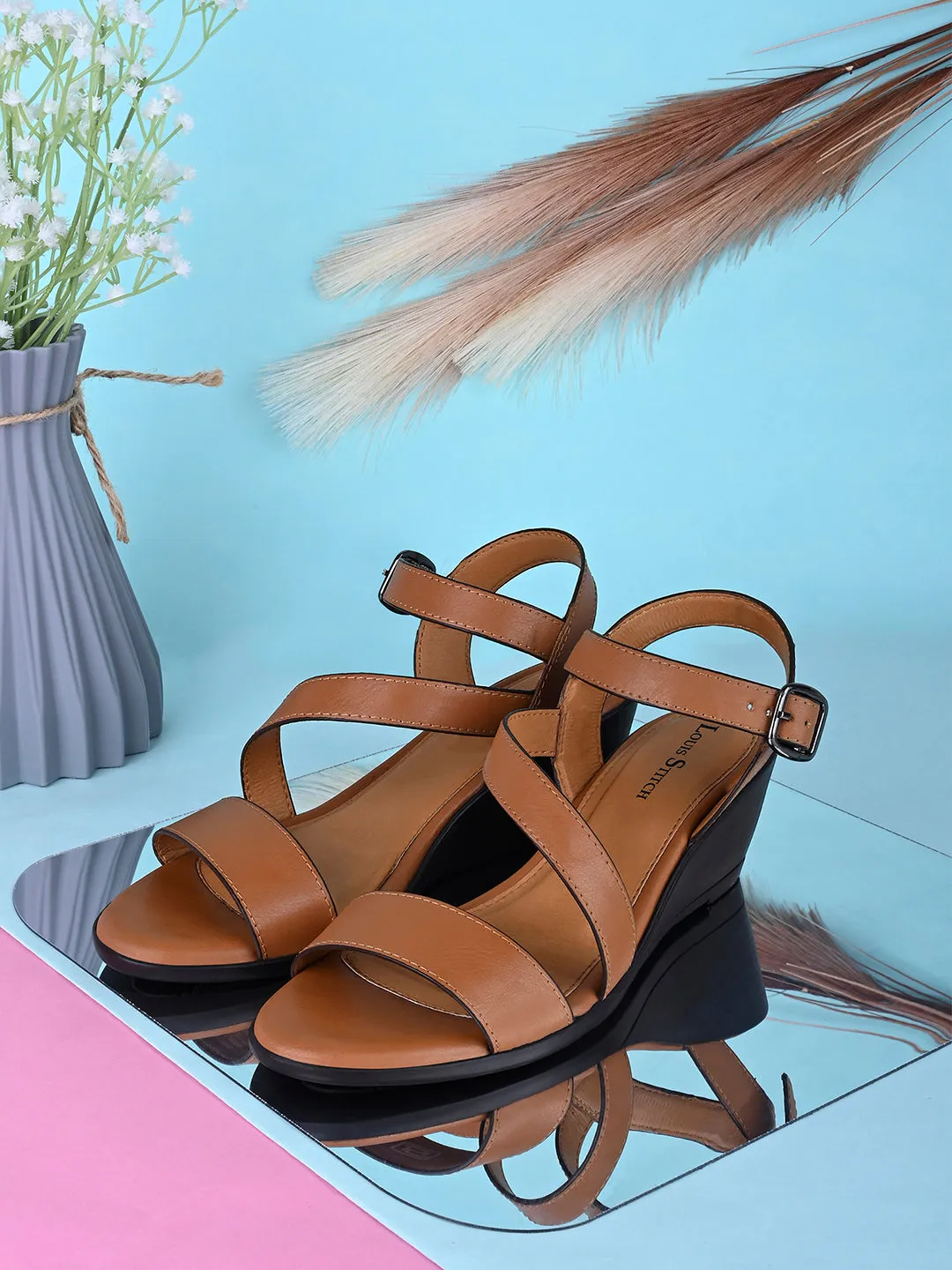 Women's Striped Wedge Heel Tan Lightweight Sandals