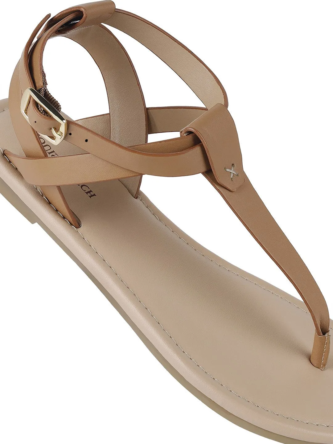 Women's Stylish T-Strap Tan Lightweight Sandals