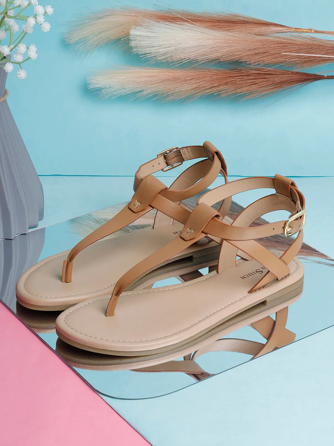 Women's Stylish T-Strap Tan Lightweight Sandals