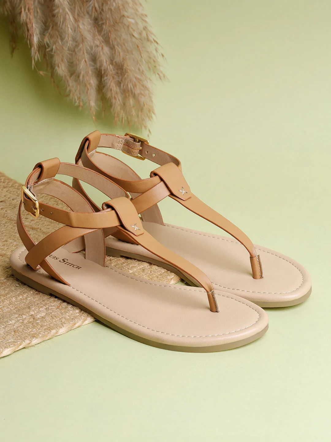 Women's Stylish T-Strap Tan Lightweight Sandals