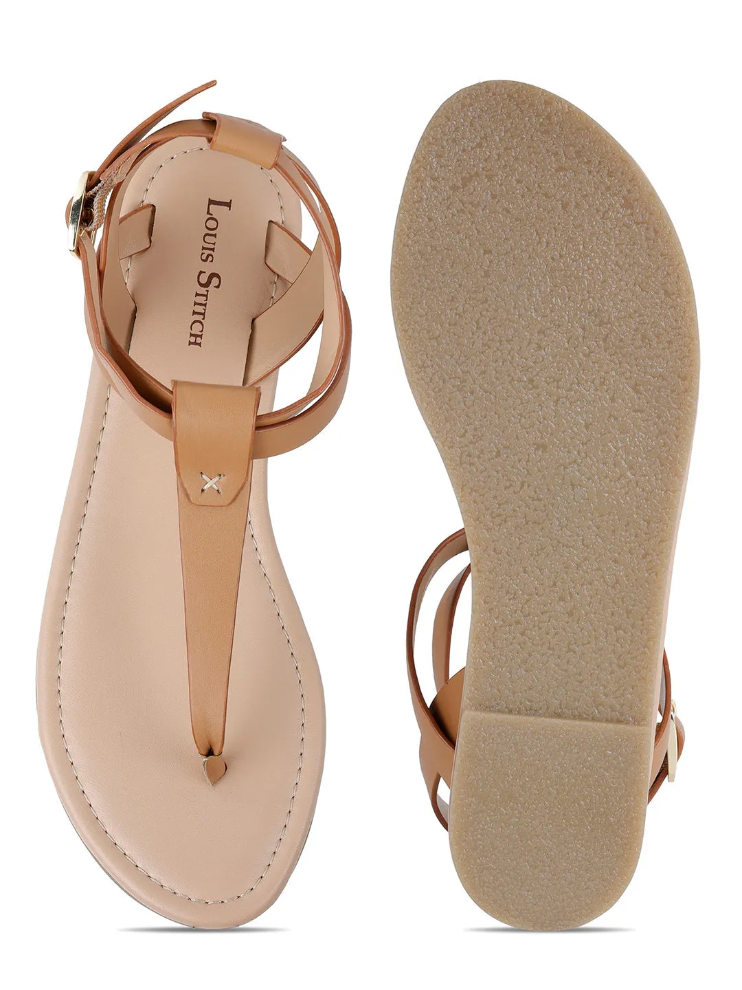 Women's Stylish T-Strap Tan Lightweight Sandals