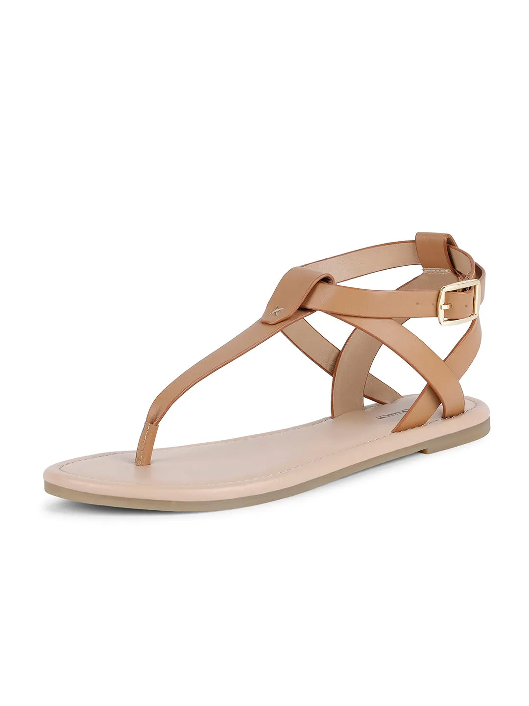 Women's Stylish T-Strap Tan Lightweight Sandals